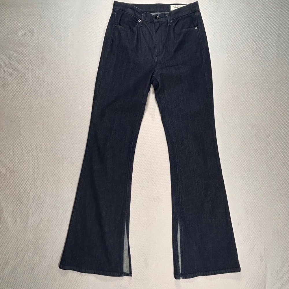 Rag & Bone Bella‎ High Rise Flare Jeans Dark Rinse Indigo Side Slit 27